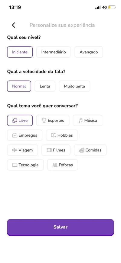 Tela do app Bay: escolha seu nível, a velocidade da fala e o tema da conversa.