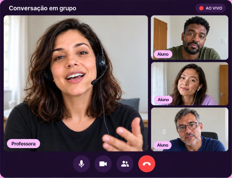 Ilustração de uma chamada de vídeo: uma professora conduz a conversa com três alunos.