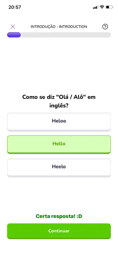 Tela de exercício de escolha da resposta no curso EnglishBay.