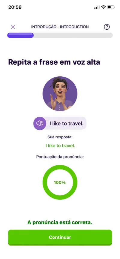 Exercício de pronúncia: repita a frase I like to travel. Resultado: 100%.